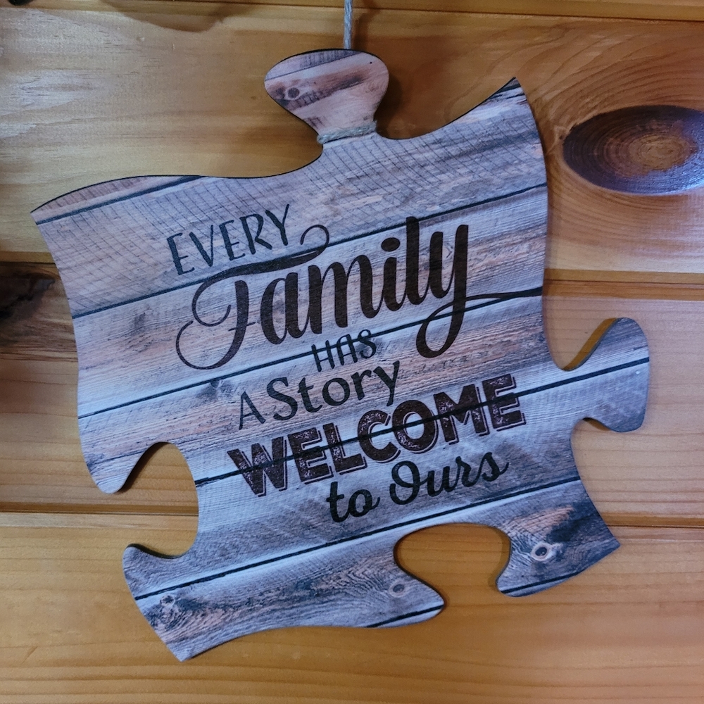 Every Family Has a Story 12 x 12 inch Wood Puzzle Piece Wall Sign Plaque